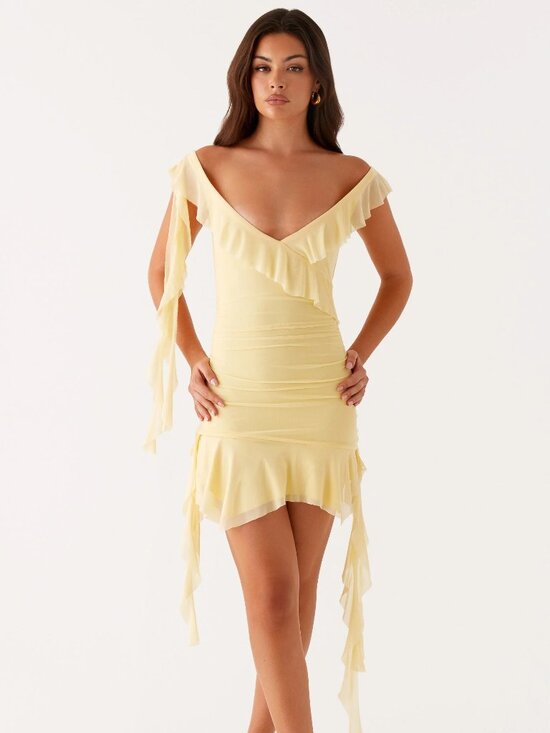 Peppermayo Dresses & Skirts - Peppermayo Shona Mini Dress Yellow US 4 Small Ruffle Asymmetric Butter Yellow